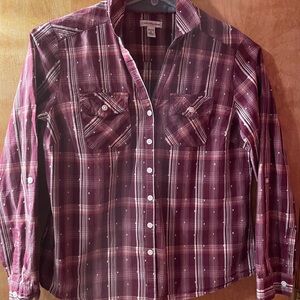 Croft & Barrow Western Style Maroon Checkered Long Sleeve Shirt Petite Medium